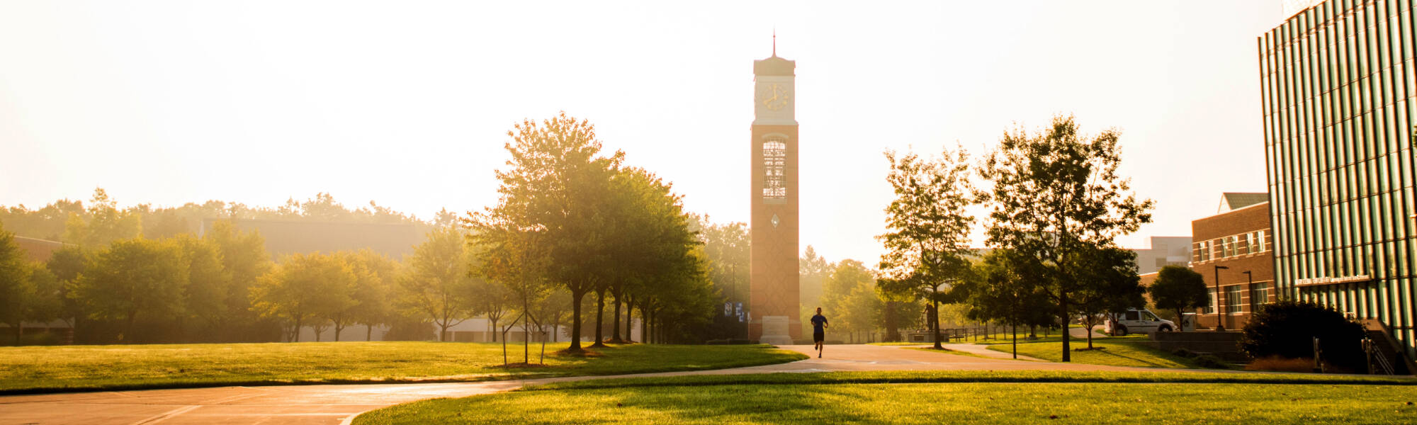 GVSU's clock tower on the Valley Campus on a sunny summer morning.